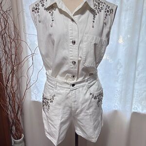 Vintage Monique Jeans Embellished White Sleeveless Top size 9/10 & Shorts 13/14